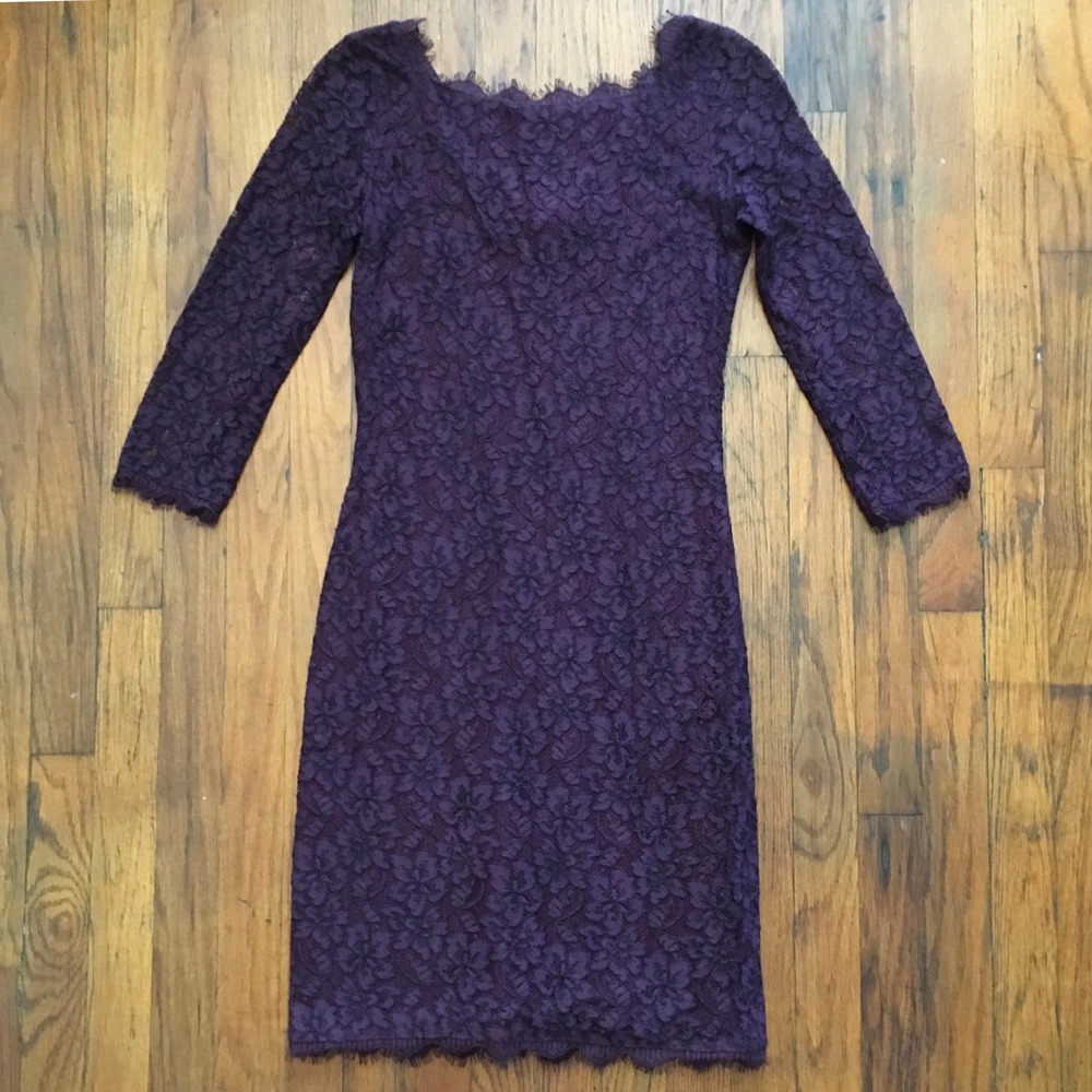 Diane Von Furstenberg Zarita Dress Size‎ 4 Lace Cocktail 3/4 Sleeve Purple
